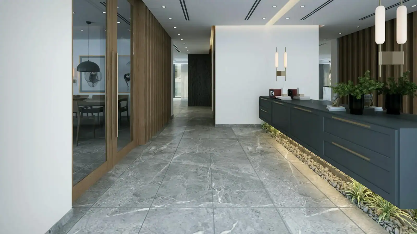 Sophisticated office interior featuring marble floor and contemporary design elements.