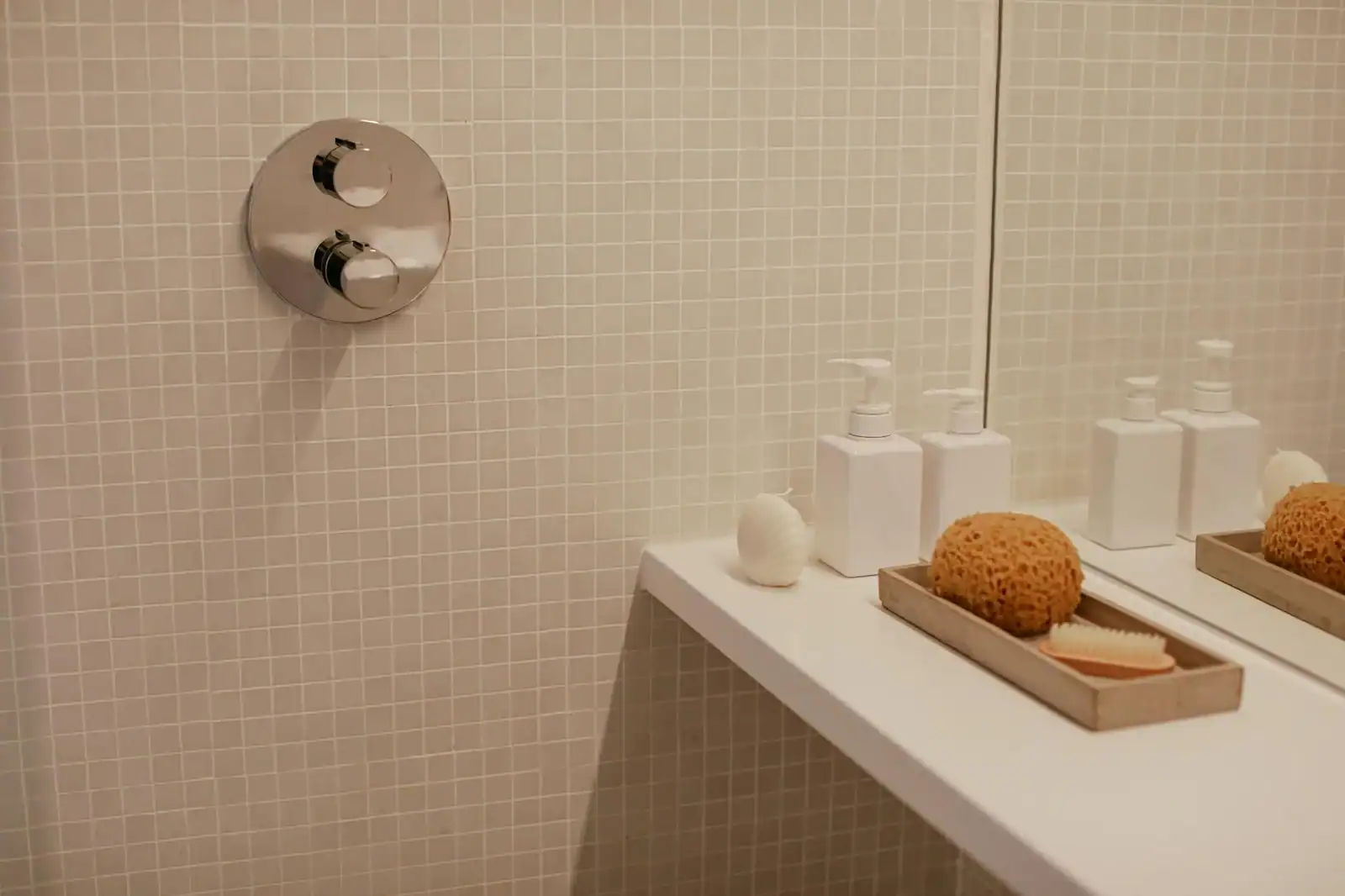 Clean, minimalist bathroom featuring soap dispensers and a loofah on a shelf against a tiled wall.