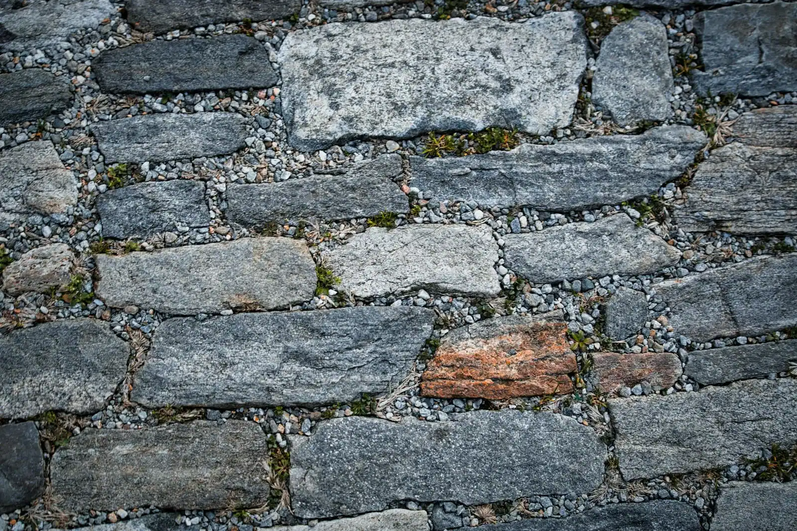Close-up of weathered stone pavement showcasing textured natural rock formations and earthy tones.